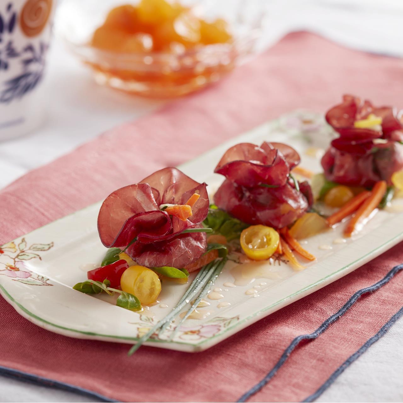 Bocconcini di bresaola con Zenzero Fabbri e verdure croccanti